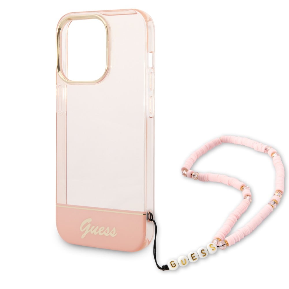 Coque iPhone 14 Pro - Guess gel rose transparent avec logo doré et lanière en perles détachable - Rose clair