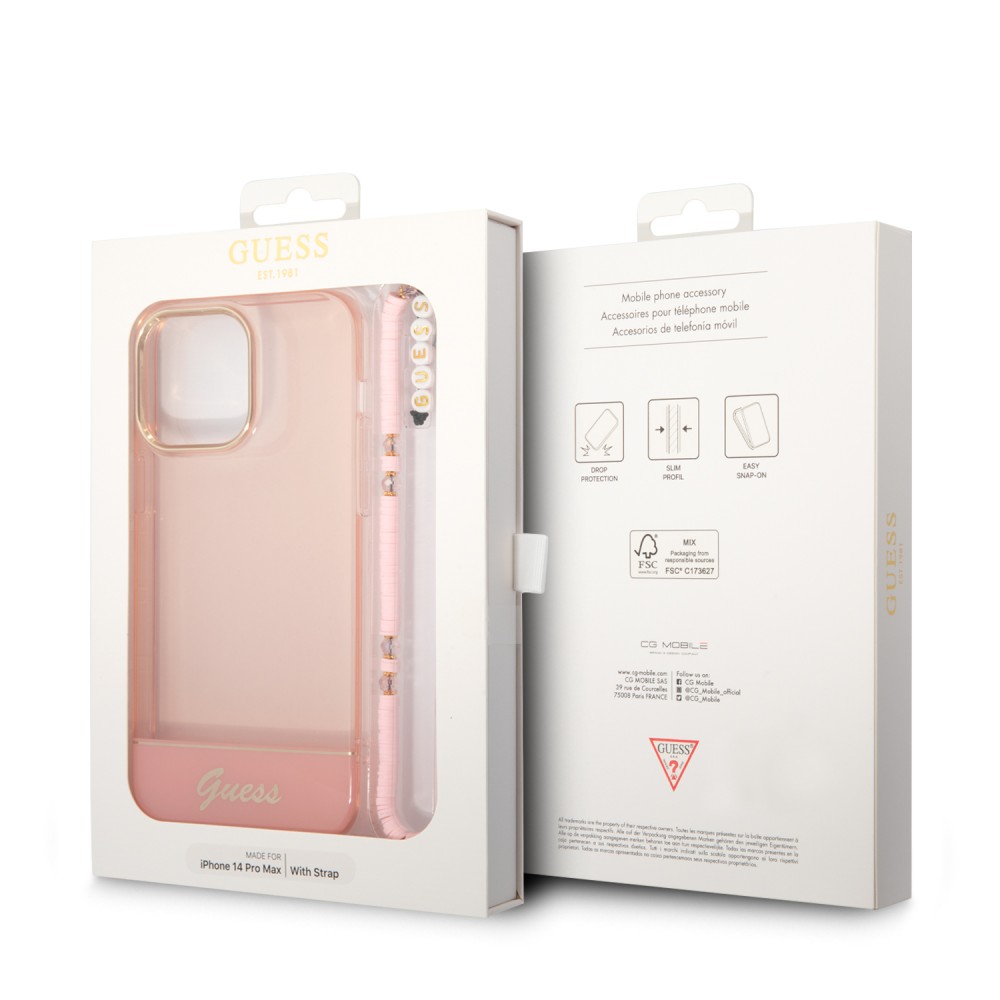 Coque iPhone 14 Pro - Guess gel rose transparent avec logo doré et lanière en perles détachable - Rose clair