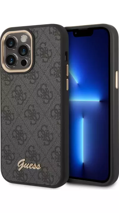 Coque iPhone 14 Pro Max - Guess toile similicuir avec logo métallique doré en relief - Noir