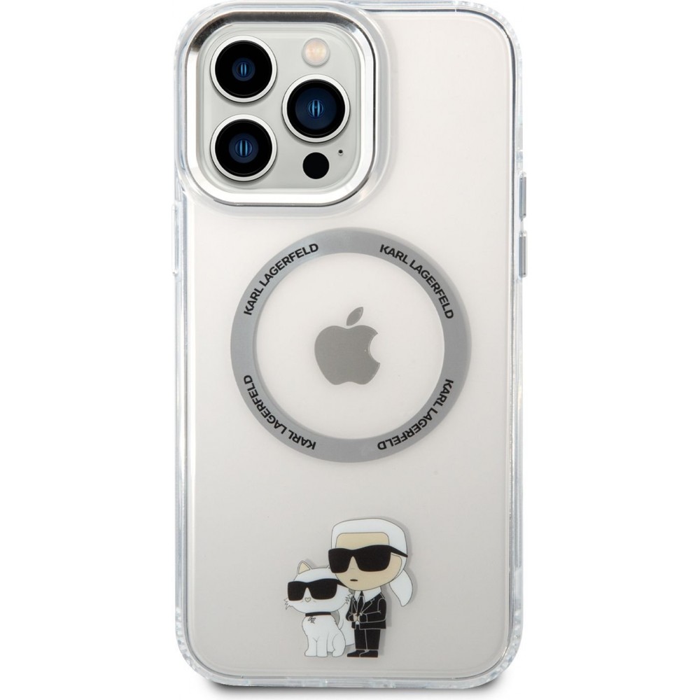 Coque iPhone 14 Pro Max - Karl Lagerfeld et Choupette duo gel rigide avec MagSafe argenté - Transparent