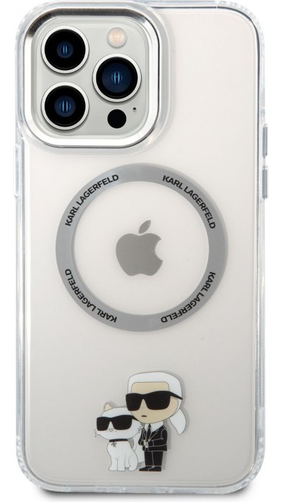 Coque iPhone 14 Pro Max - Karl Lagerfeld et Choupette duo gel rigide avec MagSafe argenté - Transparent