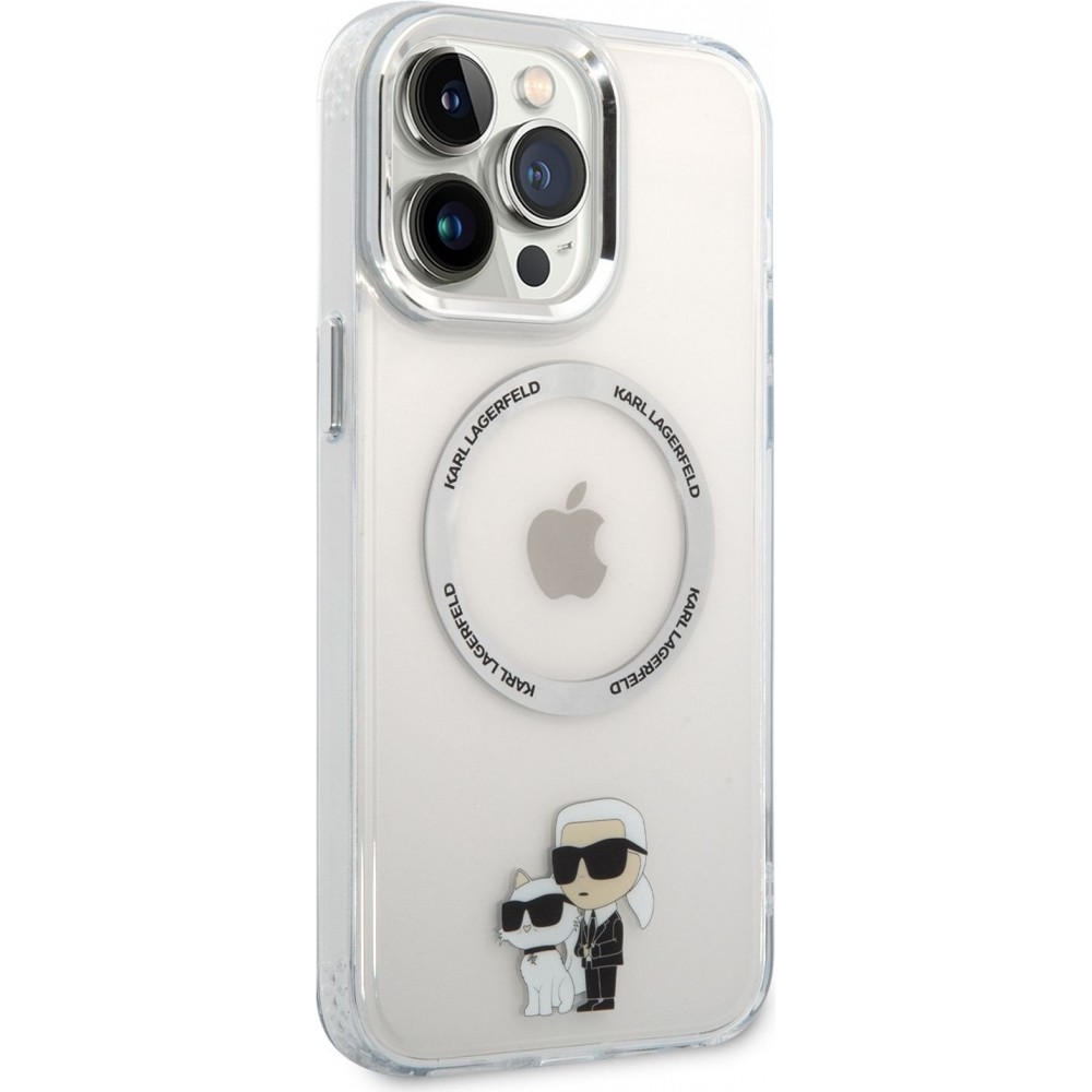 Coque iPhone 14 Pro Max - Karl Lagerfeld et Choupette duo gel rigide avec MagSafe argenté - Transparent
