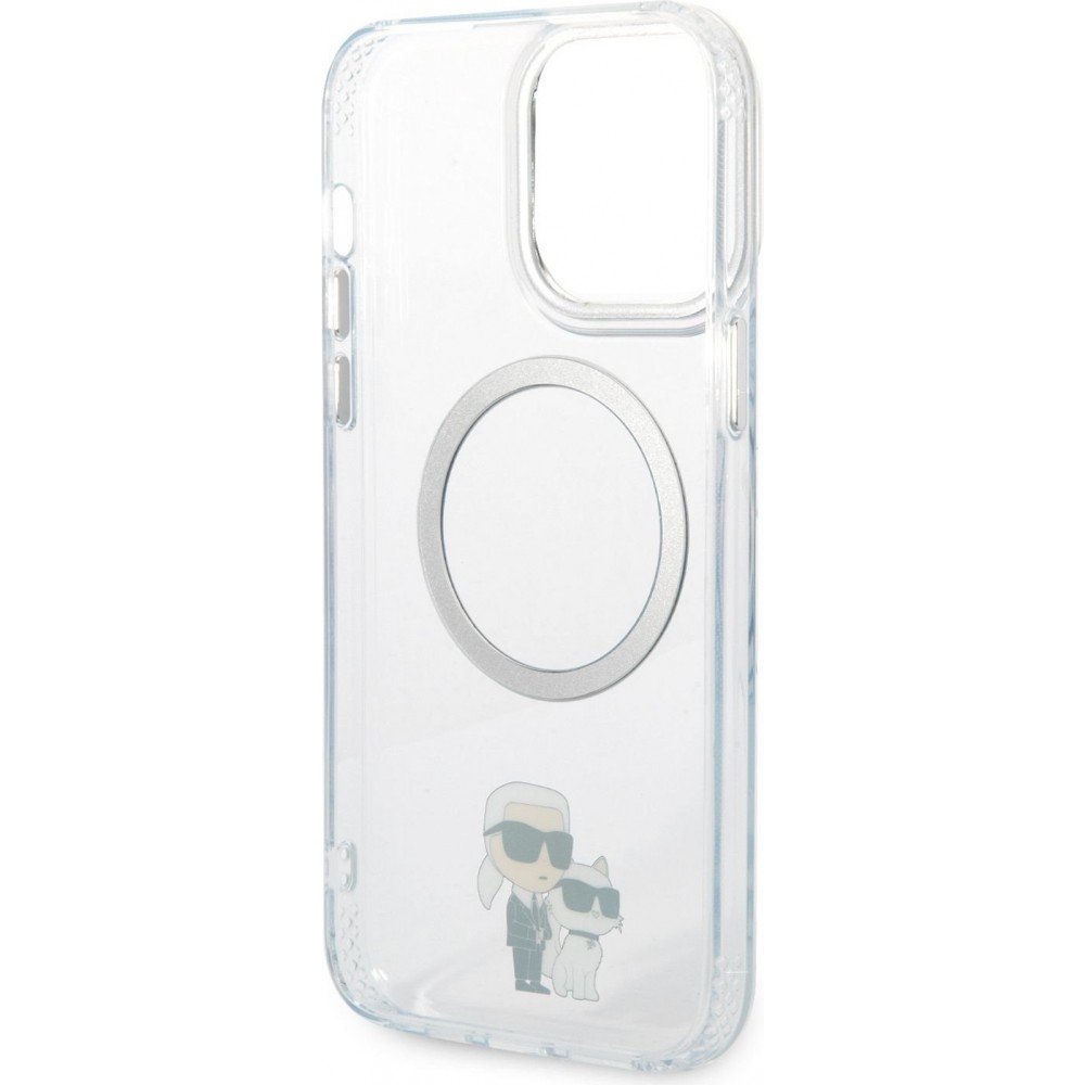 Coque iPhone 14 Pro Max - Karl Lagerfeld et Choupette duo gel rigide avec MagSafe argenté - Transparent