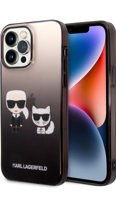 Coque iPhone 14 Pro - Karl Lagerfeld et Choupette duo gel rigide laqué dégradé de noir à transparent - Noir