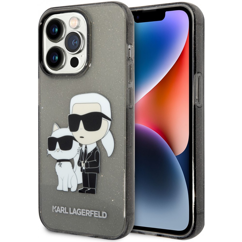 iPhone 14 Pro Max Case Hülle - Karl Lagerfeld und Choupette duo starres Gel transparent mit Glitter - Grau