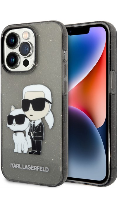 Coque iPhone 14 Pro Max - Karl Lagerfeld et Choupette duo gel rigide transparent pailleté - Gris