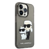 Coque iPhone 14 Pro - Karl Lagerfeld et Choupette duo gel rigide transparent pailleté - Gris