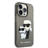 Coque iPhone 14 Pro Max - Karl Lagerfeld et Choupette duo gel rigide transparent pailleté - Gris