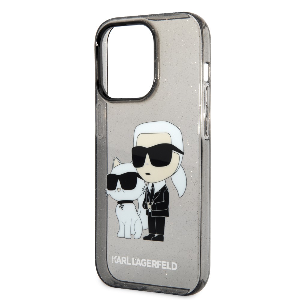 iPhone 14 Pro Max Case Hülle - Karl Lagerfeld und Choupette duo starres Gel transparent mit Glitter - Grau