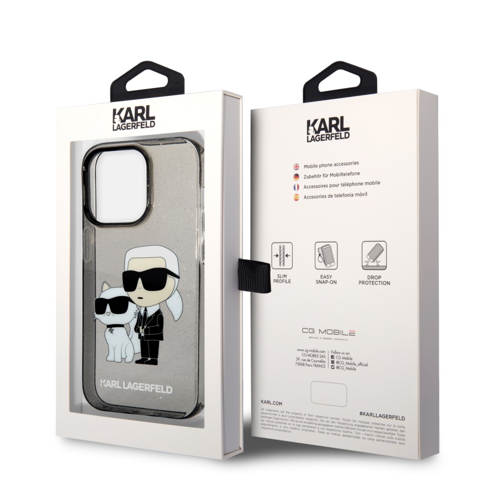 iPhone 14 Pro Max Case Hülle - Karl Lagerfeld und Choupette duo starres Gel transparent mit Glitter - Grau