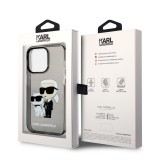 Coque iPhone 14 Pro Max - Karl Lagerfeld et Choupette duo gel rigide transparent pailleté - Gris
