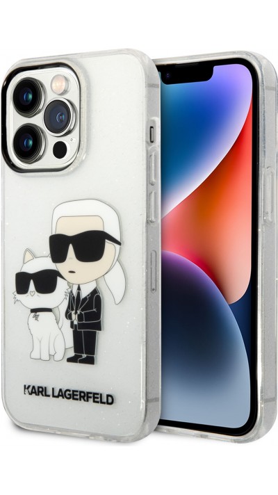 Coque iPhone 14 Pro - Karl Lagerfeld et Choupette duo gel rigide pailleté - Transparent