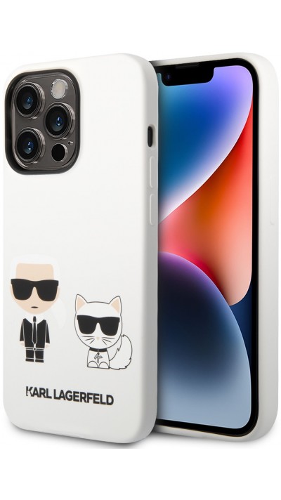 Coque iPhone 14 Pro Max - Karl Lagerfeld et Choupette silicone soft touch - Blanc