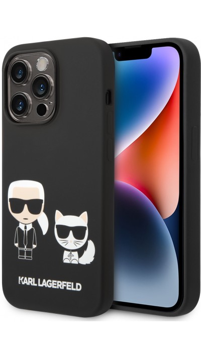 Coque iPhone 14 Pro Max - Karl Lagerfeld et Choupette silicone soft touch - Noir
