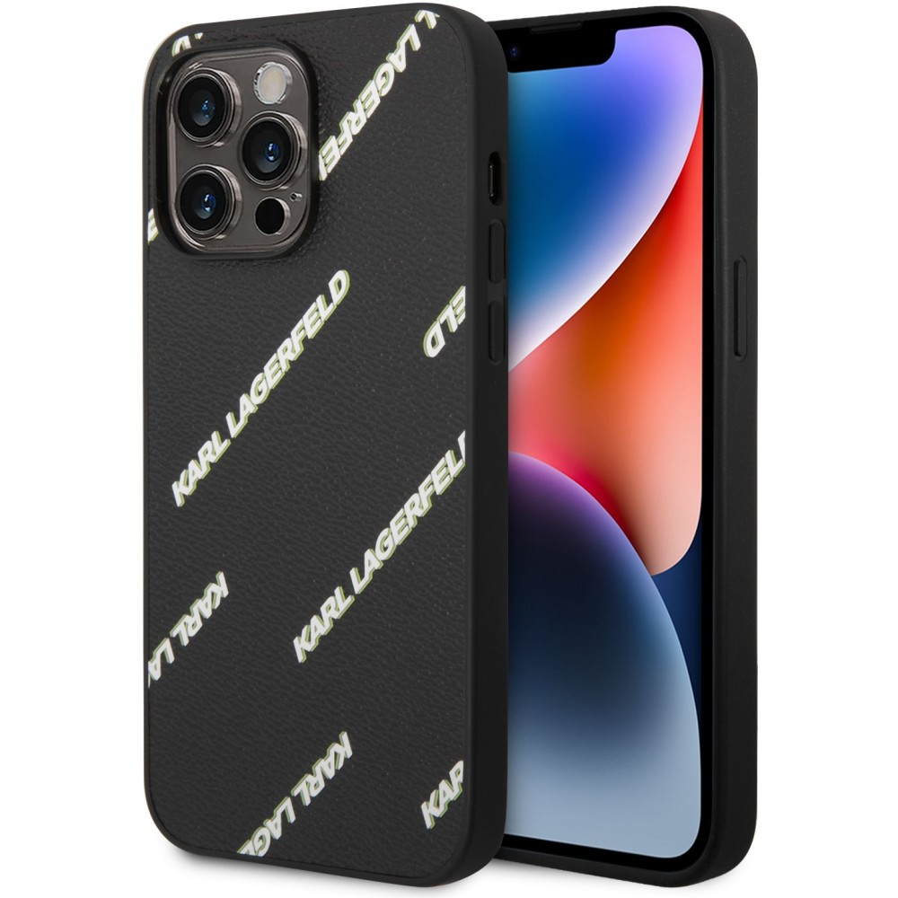 Coque iPhone 14 Pro Max - Karl Lagerfeld similicuir grainé avec répétition de logos imprimés - Noir
