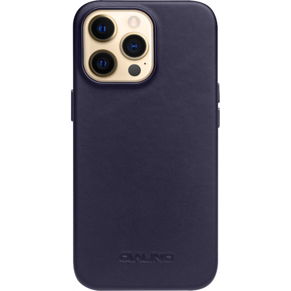 Coque iPhone 14 Pro Max - Qialino cuir véritable (compatible MagSafe) - Bleu foncé