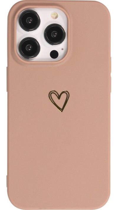 Coque iPhone 14 Pro Max - Silicone mat dessin cœur doré - Brun
