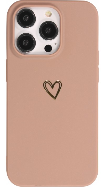 Coque iPhone 16 Pro - Silicone mat dessin cœur doré - Brun