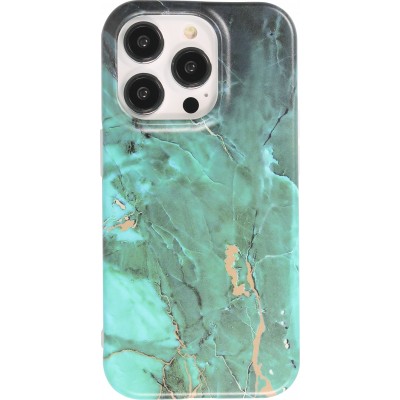 Coque iPhone 14 Pro Max - Silicone rigide mat avec effet marbre imprimé - Vert