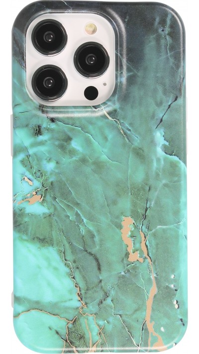 Coque iPhone 14 Pro Max - Silicone rigide mat avec effet marbre imprimé - Vert