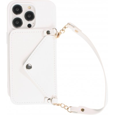 Coque iPhone 14 Pro - Silicone soft touch avec pochette à cartes ou argent en cuir et lanière intégrée - Blanc
