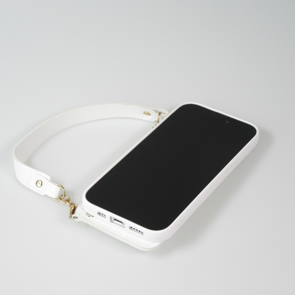 Coque iPhone 14 Pro - Silicone soft touch avec pochette à cartes ou argent en cuir et lanière intégrée - Blanc