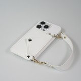 Coque iPhone 14 Pro - Silicone soft touch avec pochette à cartes ou argent en cuir et lanière intégrée - Blanc
