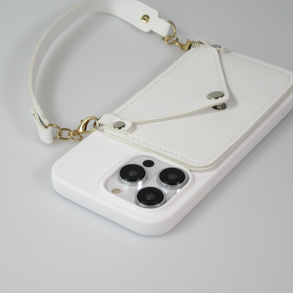 Coque iPhone 14 Pro - Silicone soft touch avec pochette à cartes ou argent en cuir et lanière intégrée - Blanc