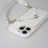 Coque iPhone 14 Pro - Silicone soft touch avec pochette à cartes ou argent en cuir et lanière intégrée - Blanc
