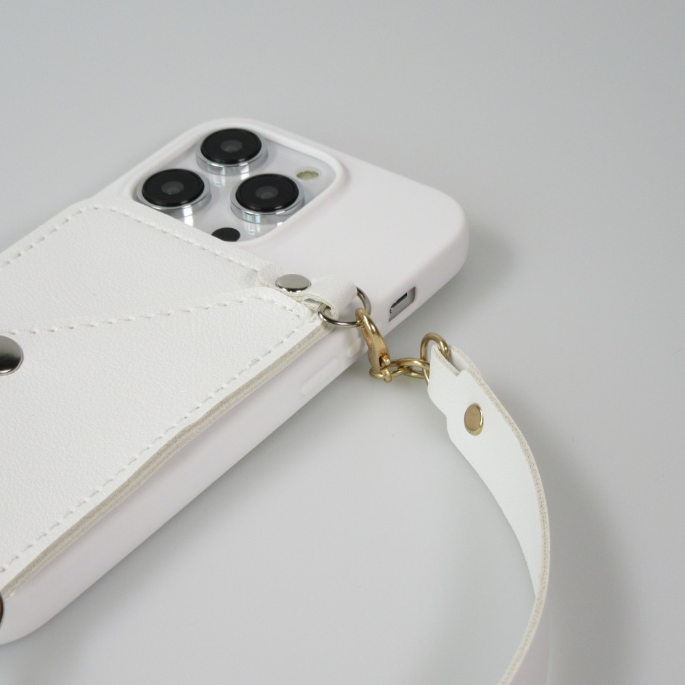 Coque iPhone 14 Pro - Silicone soft touch avec pochette à cartes ou argent en cuir et lanière intégrée - Blanc