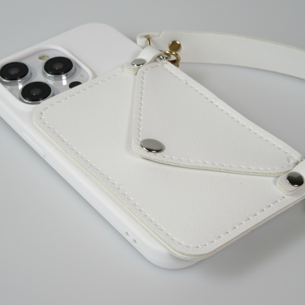 Coque iPhone 14 Pro - Silicone soft touch avec pochette à cartes ou argent en cuir et lanière intégrée - Blanc