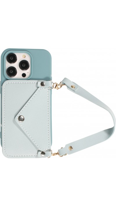 Coque iPhone 14 Pro Max - Silicone soft touch avec pochette à cartes ou argent en cuir et lanière intégrée - Bleu gris