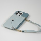 iPhone 14 Pro Case Hülle - Soft-Touch-Silikon mit Karten- oder Geldfach aus Leder und integriertem Lanyard - Blau grau