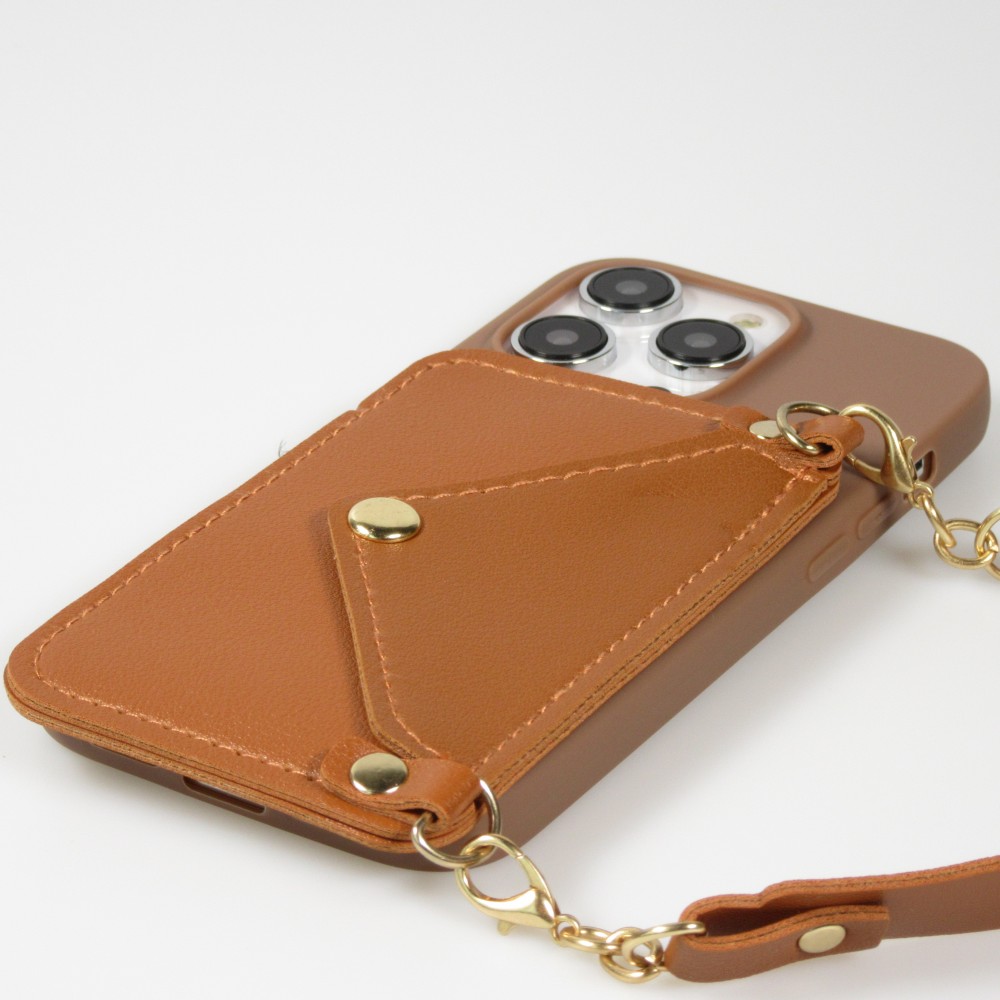 iPhone 14 Pro Case Hülle - Soft-Touch-Silikon mit Karten- oder Geldfach aus Leder und integriertem Lanyard - Braun