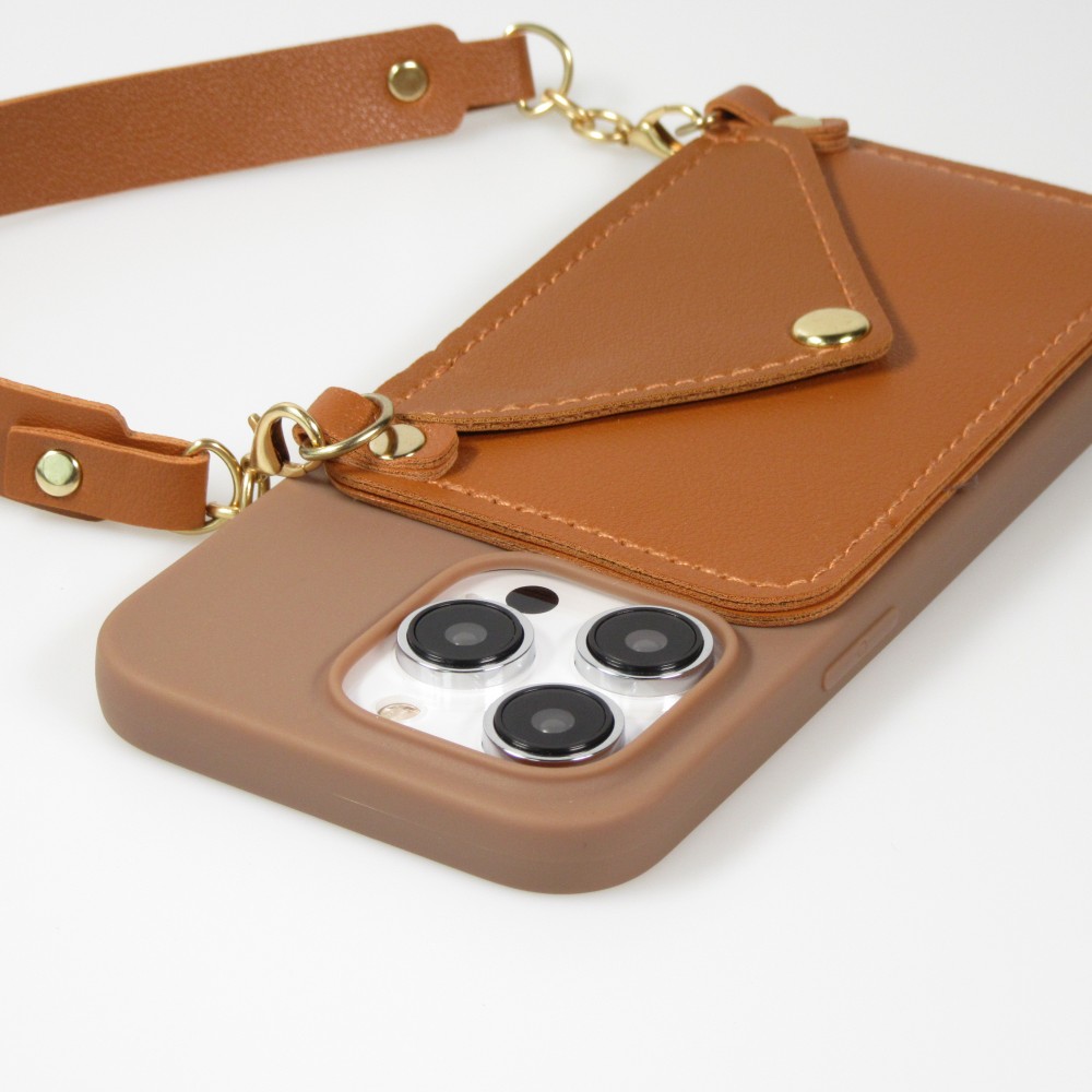 iPhone 14 Pro Case Hülle - Soft-Touch-Silikon mit Karten- oder Geldfach aus Leder und integriertem Lanyard - Braun