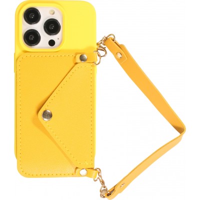 Coque iPhone 14 Pro - Silicone soft touch avec pochette à cartes ou argent en cuir et lanière intégrée - Jaune