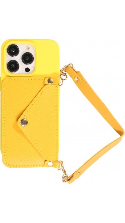 iPhone 14 Pro Case Hülle - Soft-Touch-Silikon mit Karten- oder Geldfach aus Leder und integriertem Lanyard - Gelb