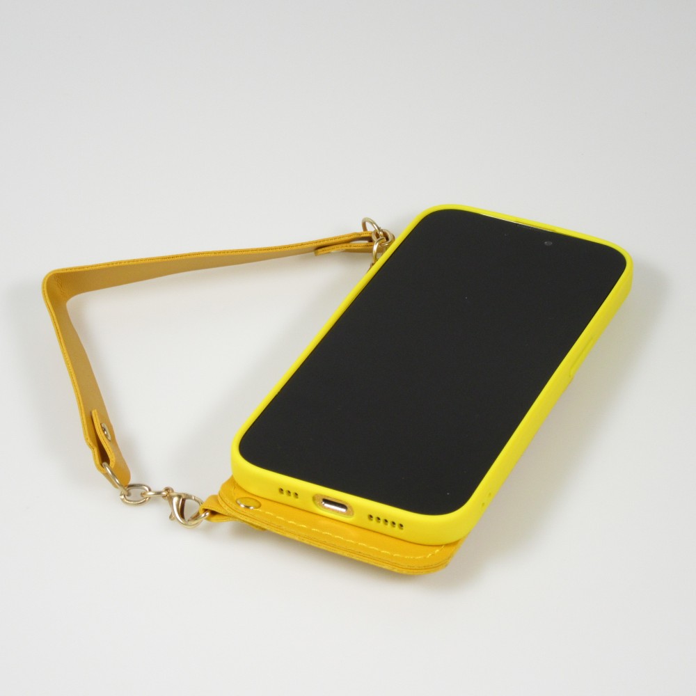 Coque iPhone 14 Pro - Silicone soft touch avec pochette à cartes ou argent en cuir et lanière intégrée - Jaune