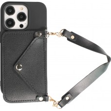 Coque iPhone 14 Pro - Silicone soft touch avec pochette à cartes ou argent en cuir et lanière intégrée - Noir