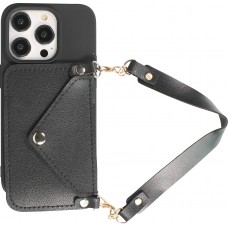 iPhone 14 Pro Case Hülle - Soft-Touch-Silikon mit Karten- oder Geldfach aus Leder und integriertem Lanyard - Schwarz