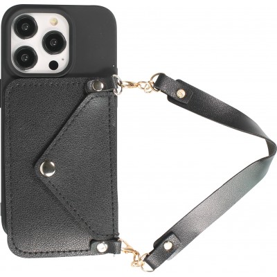 Coque iPhone 14 Pro - Silicone soft touch avec pochette à cartes ou argent en cuir et lanière intégrée - Noir