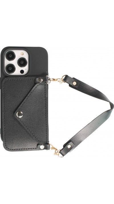 Coque iPhone 14 Pro - Silicone soft touch avec pochette à cartes ou argent en cuir et lanière intégrée - Noir