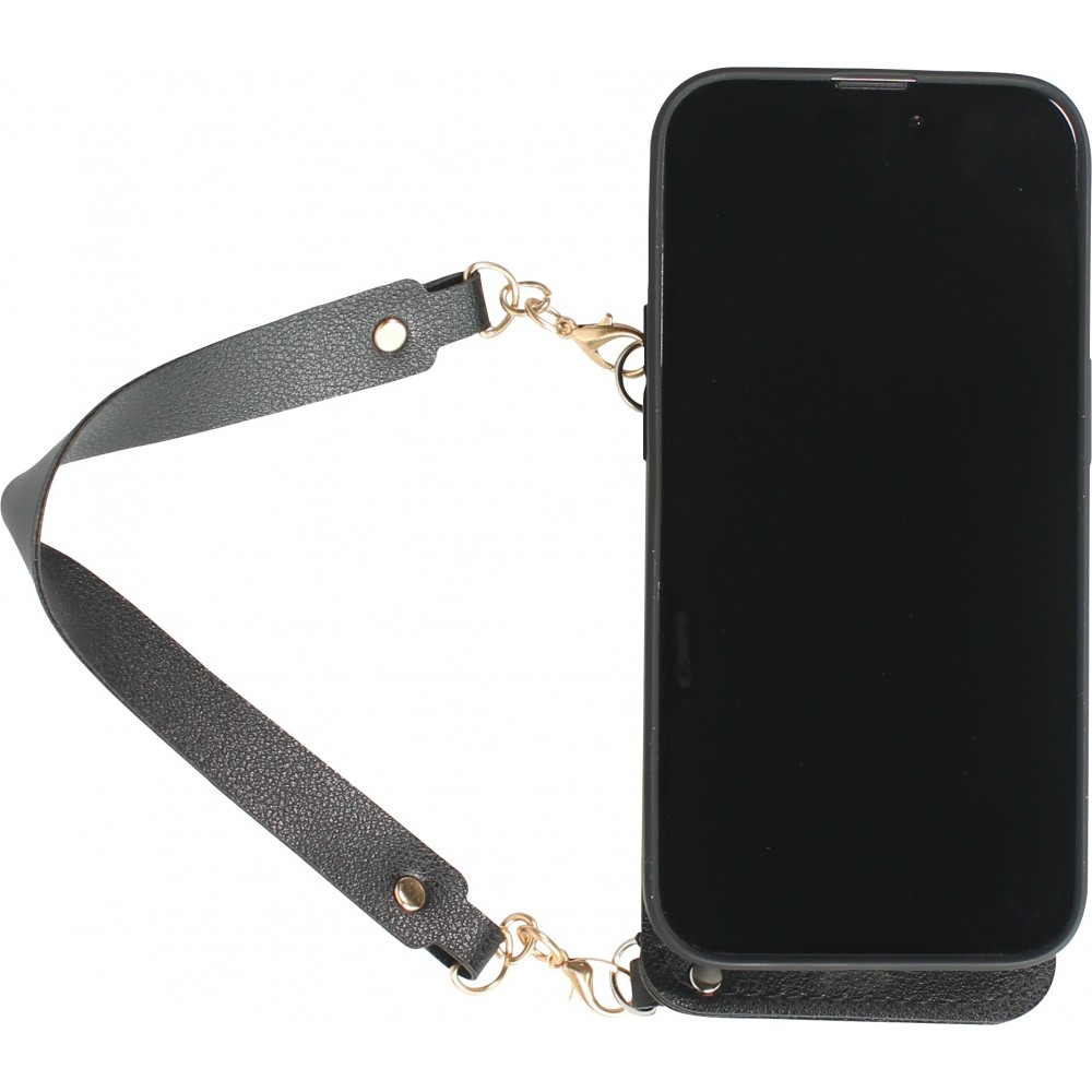 Coque iPhone 14 Pro - Silicone soft touch avec pochette à cartes ou argent en cuir et lanière intégrée - Noir