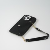 Coque iPhone 14 Pro - Silicone soft touch avec pochette à cartes ou argent en cuir et lanière intégrée - Noir