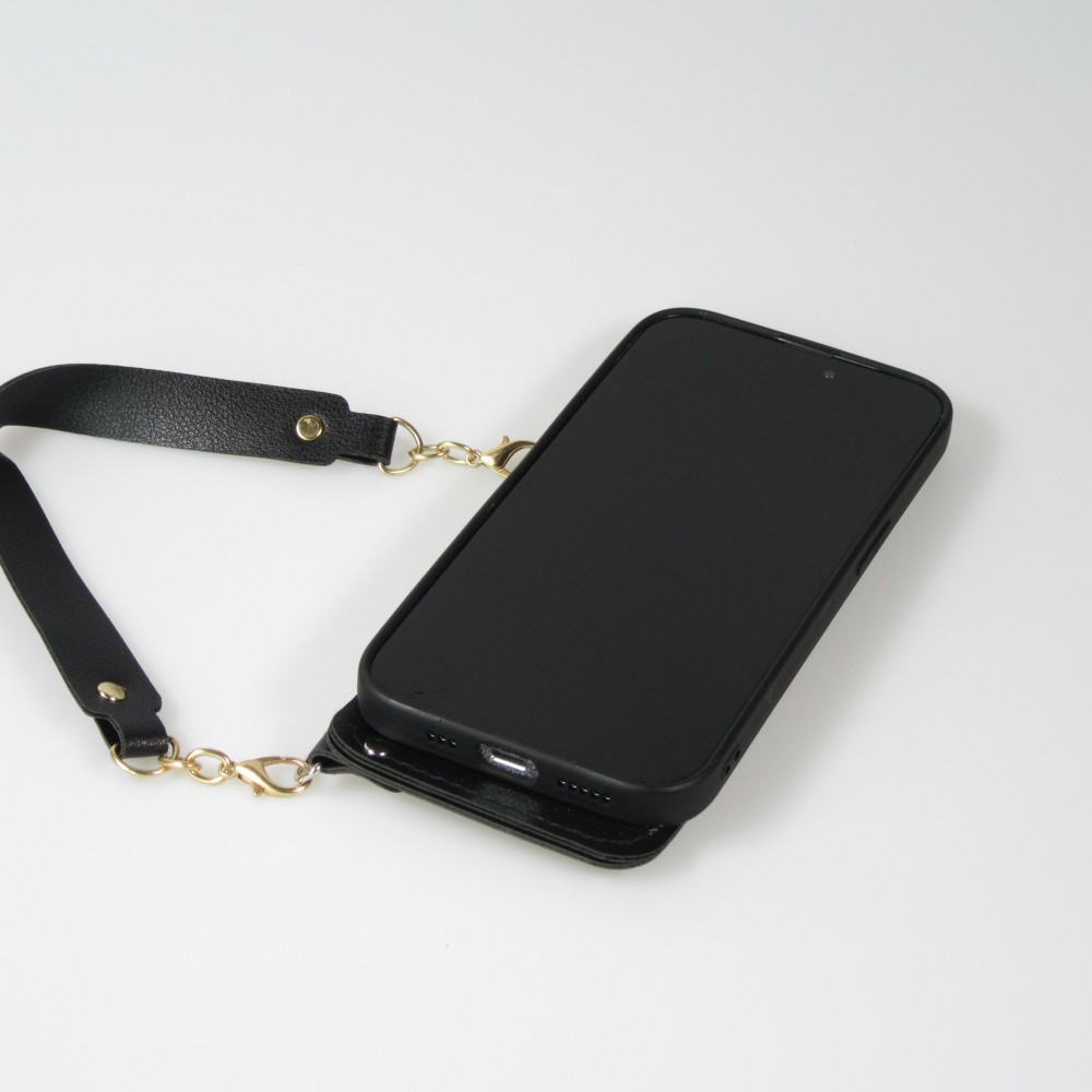 iPhone 14 Pro Case Hülle - Soft-Touch-Silikon mit Karten- oder Geldfach aus Leder und integriertem Lanyard - Schwarz