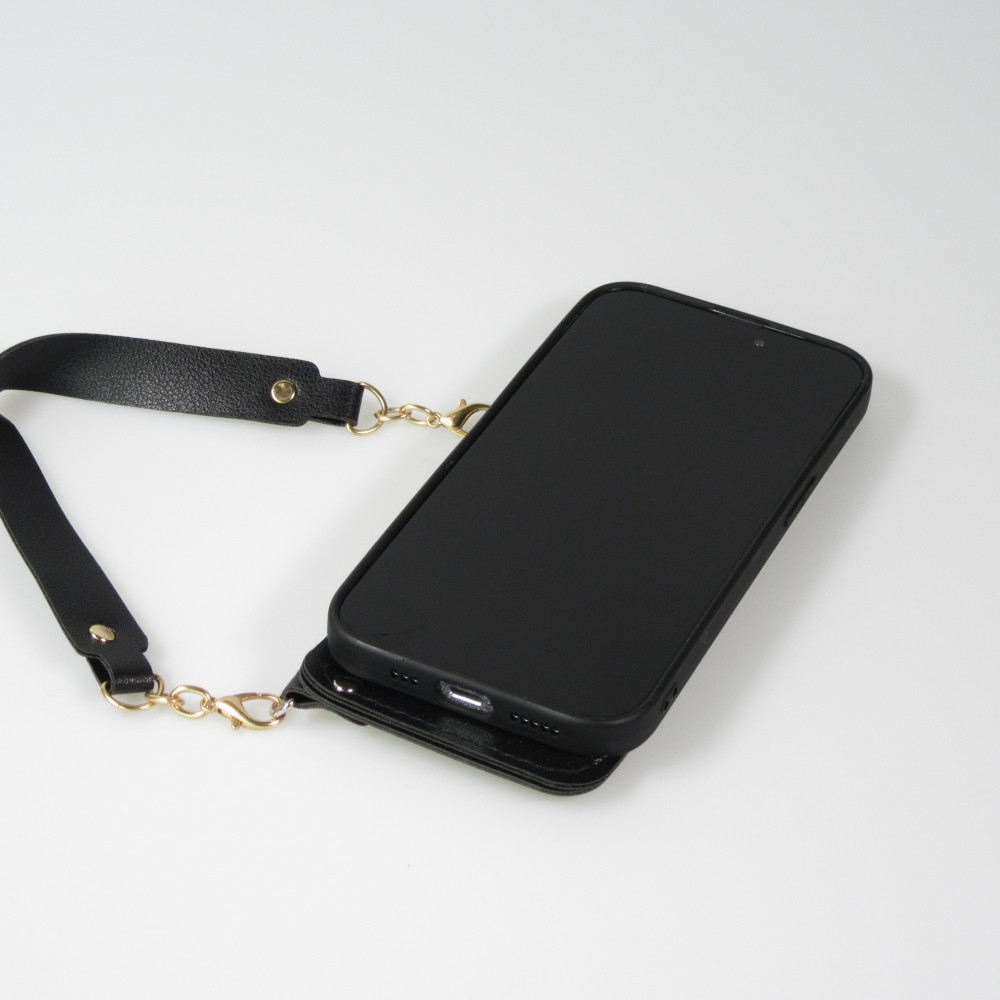 Coque iPhone 14 Pro - Silicone soft touch avec pochette à cartes ou argent en cuir et lanière intégrée - Noir