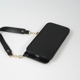 Coque iPhone 14 Pro - Silicone soft touch avec pochette à cartes ou argent en cuir et lanière intégrée - Noir