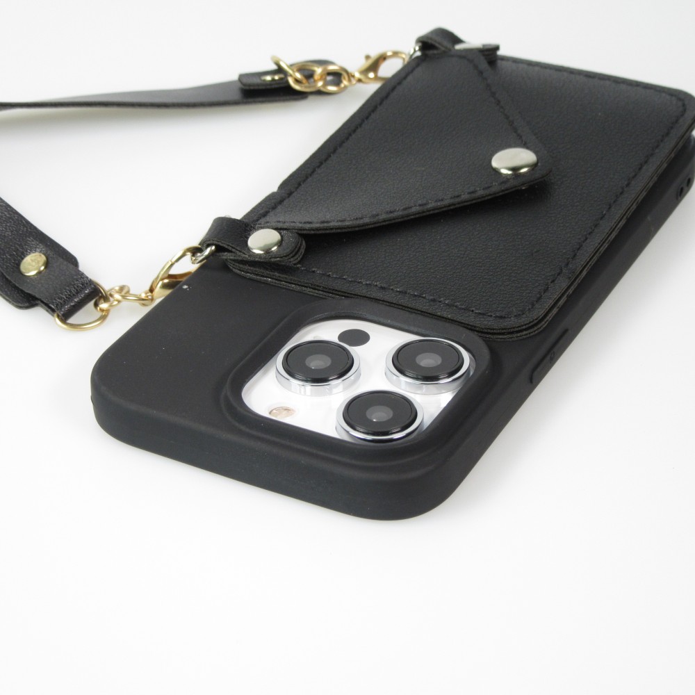 Coque iPhone 14 Pro - Silicone soft touch avec pochette à cartes ou argent en cuir et lanière intégrée - Noir