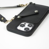 Coque iPhone 14 Pro - Silicone soft touch avec pochette à cartes ou argent en cuir et lanière intégrée - Noir