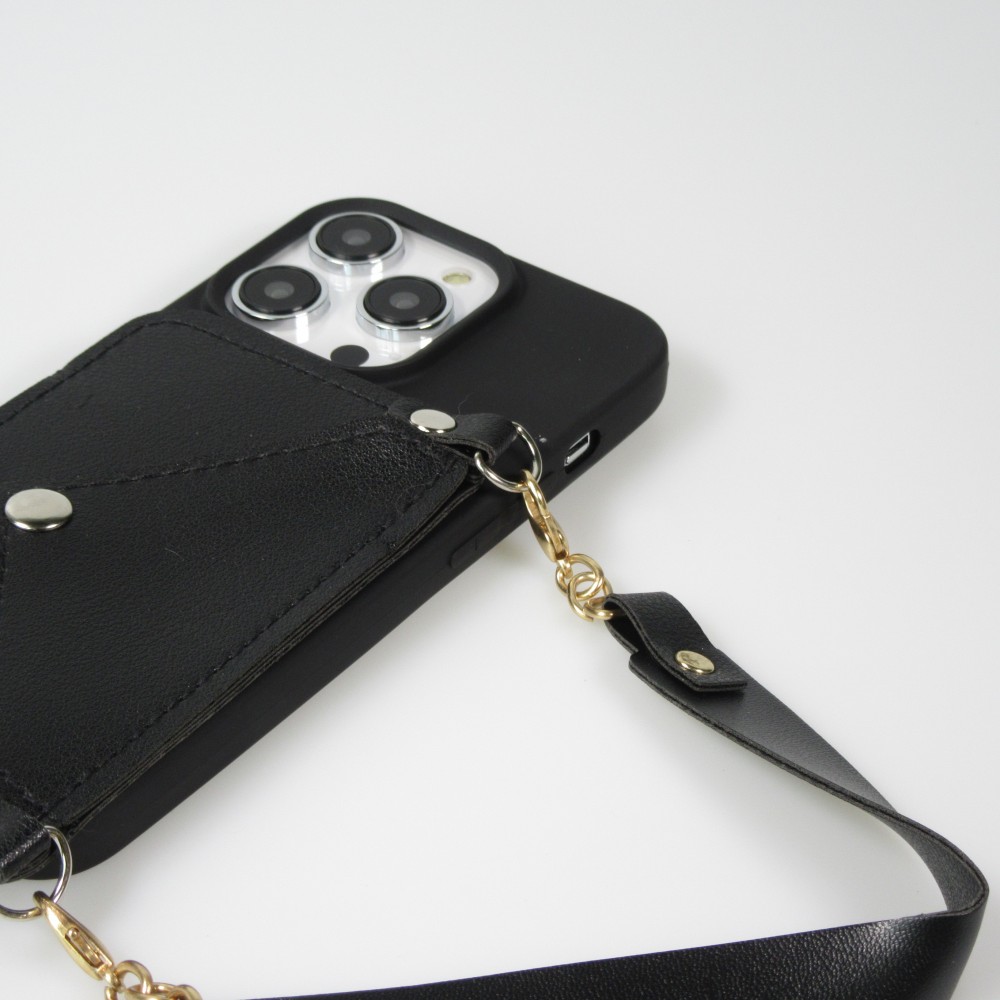 Coque iPhone 14 Pro - Silicone soft touch avec pochette à cartes ou argent en cuir et lanière intégrée - Noir